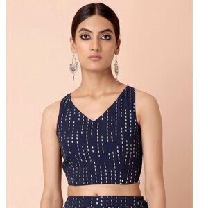 Indya Navy Foil V-neck Crop Top Blouse NWT